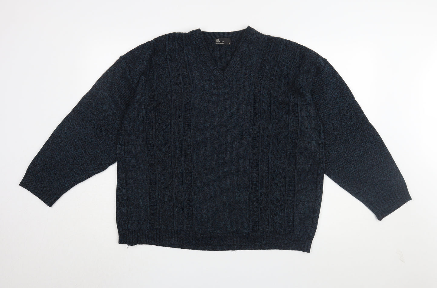 BHS Men's Black Medium Cable-Knit V-Neck Jumper