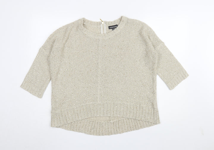 Warehouse Women's Beige Jumper, Size 14, Sequin Accents
