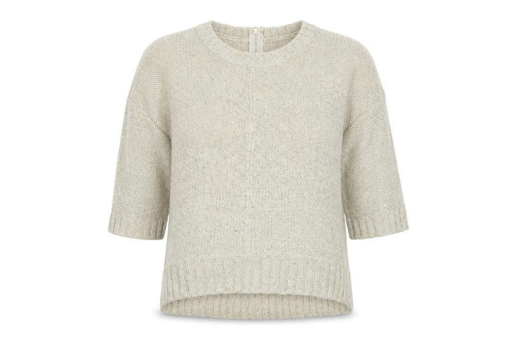 Front view of Warehouse Women's Beige Jumper, size 14, Sequin Accents