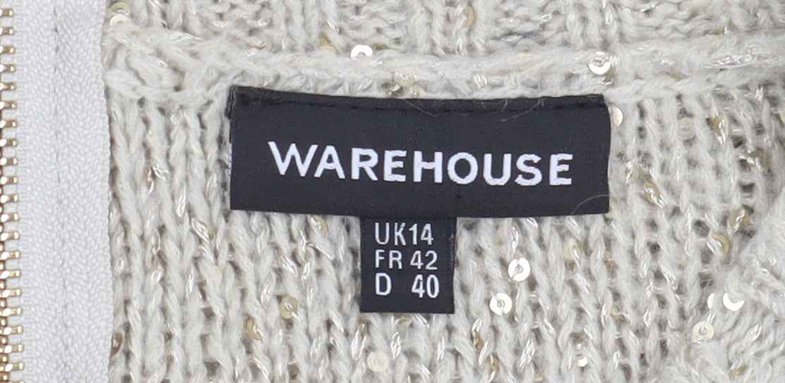 Warehouse Women's Beige Jumper, Size 14, Sequin Accents