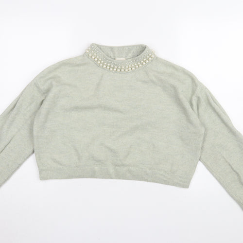 H&M Women's Grey Beaded High Neck Jumper M
