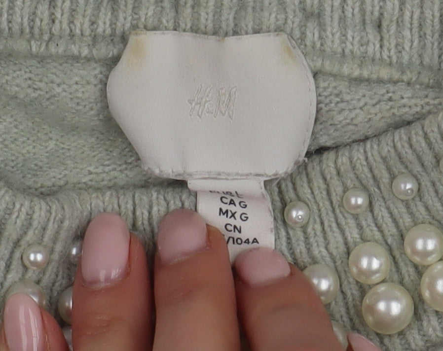 H&M Women's Grey Beaded High Neck Jumper M