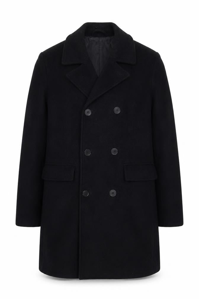 Front view of Stradivarius Women's Black Pea Coat M Double-Breasted