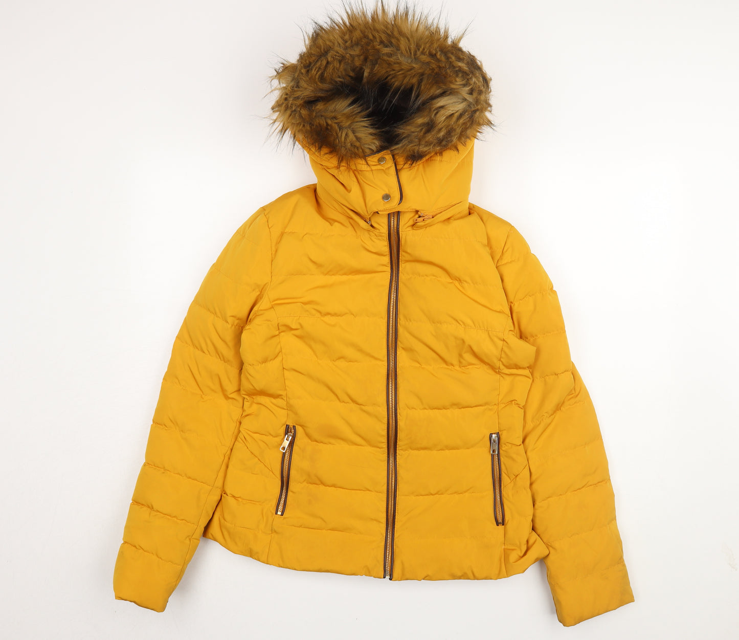 Zara Women's Yellow Puffer Jacket, UK 0, Winter Casual