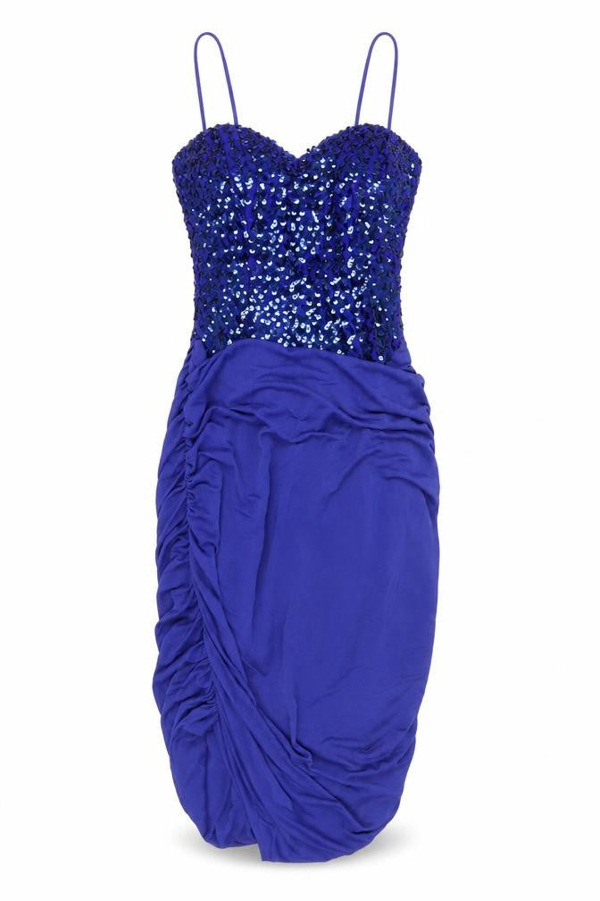 Front view of New Leaf Women's Blue Sequin Bodycon Party Dress