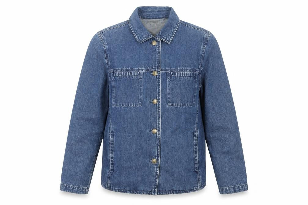 Front view of Talbots Women's Blue Denim Jacket, size S, Collared Classic Style