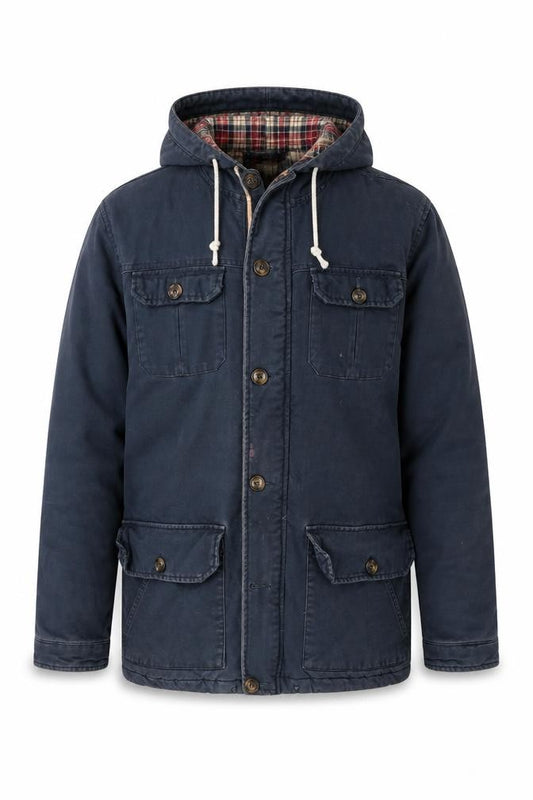 Front view of I Solid Men's Blue Hooded Cotton Jacket XL Casual