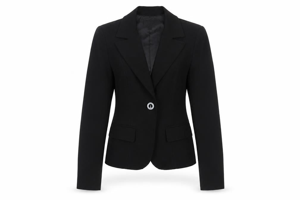 Front view of XOXO Women's Black Blazer, size M, Business Casual