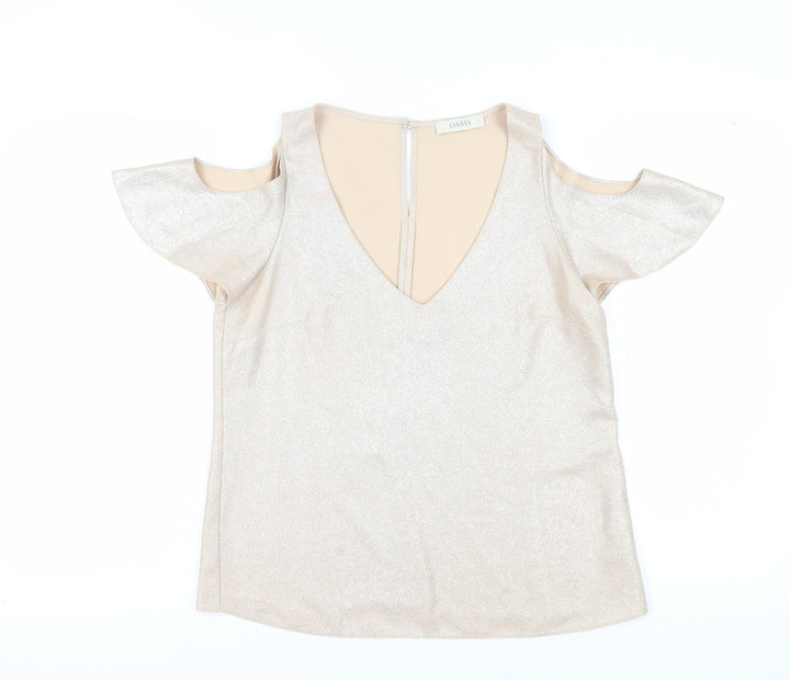 Oasis Women Beige Flutter Sleeve Party Blouse Size 12