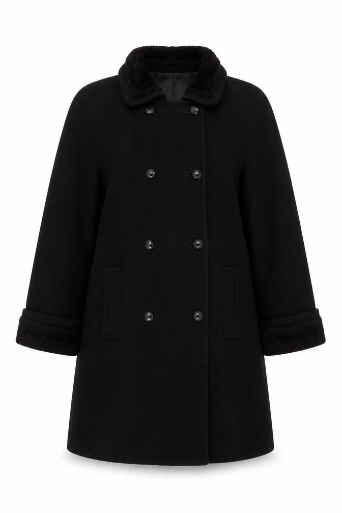 Front view of Living Women's Black Wool Pea Coat, size 14, Button Closure