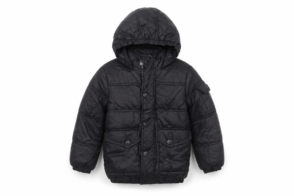 Front view of Firetrap boys’ black puffer jacket 3-4 years hooded winter