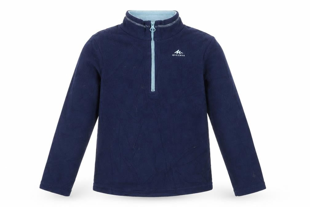 Front view of Quechua boys’ blue fleece 1/2 zip sweatshirt 7-8 years