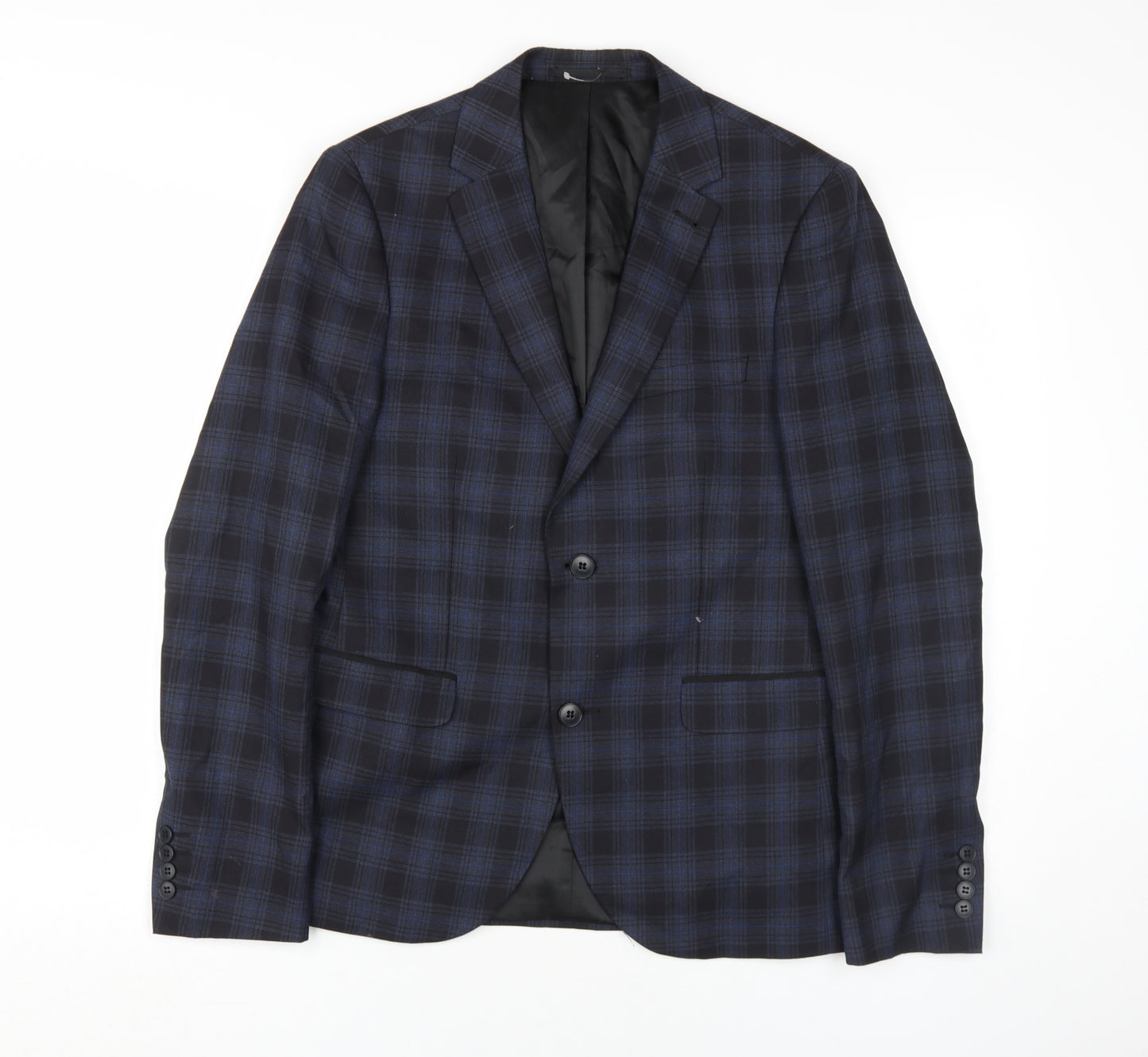New Look Men Blue Plaid Blazer, Size 38R, Tailored Fit