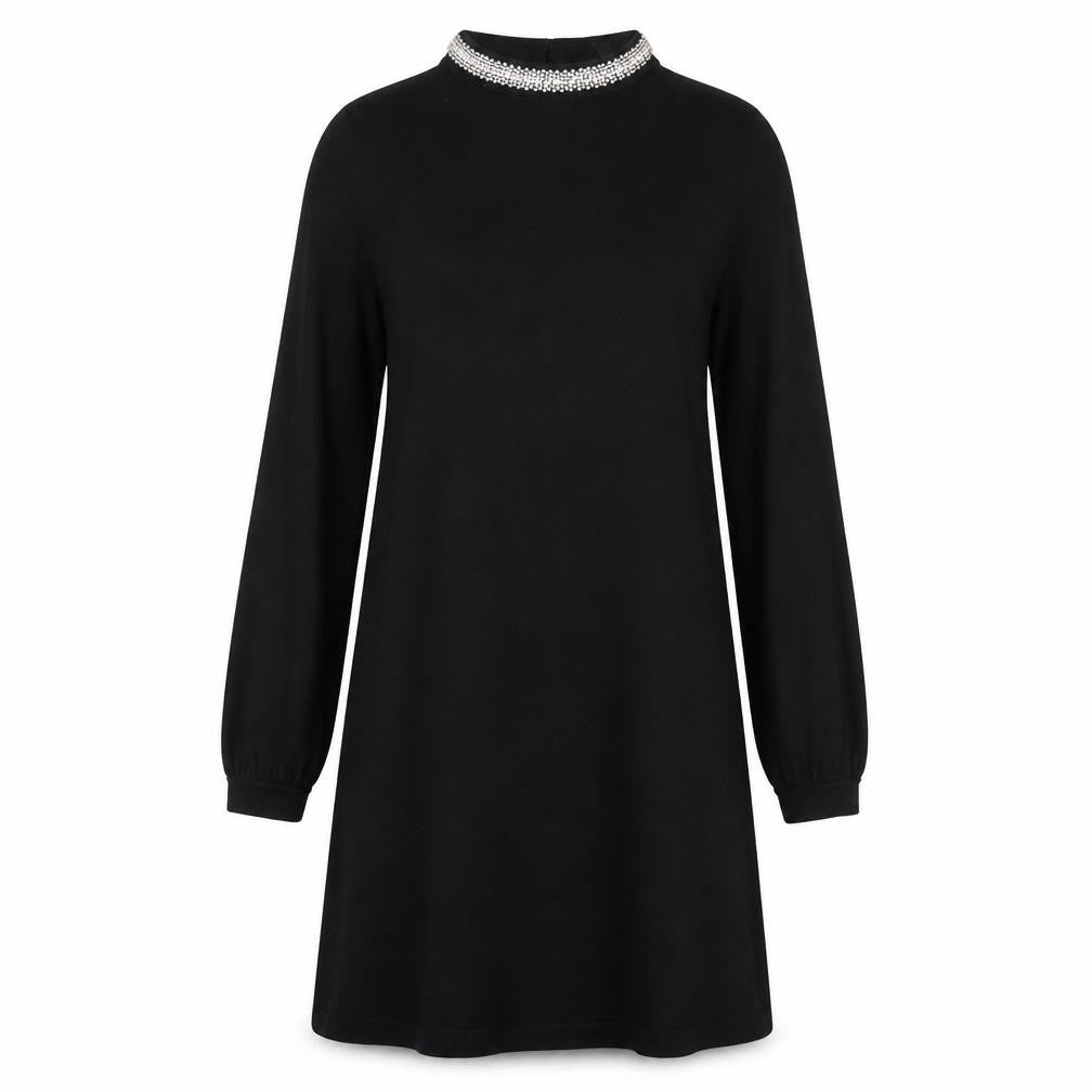Front view of Warehouse Women's Black Beaded Shift Dress, size 14