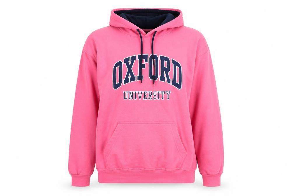 Front view of Oakridge unisex pink hoodie, large, university style