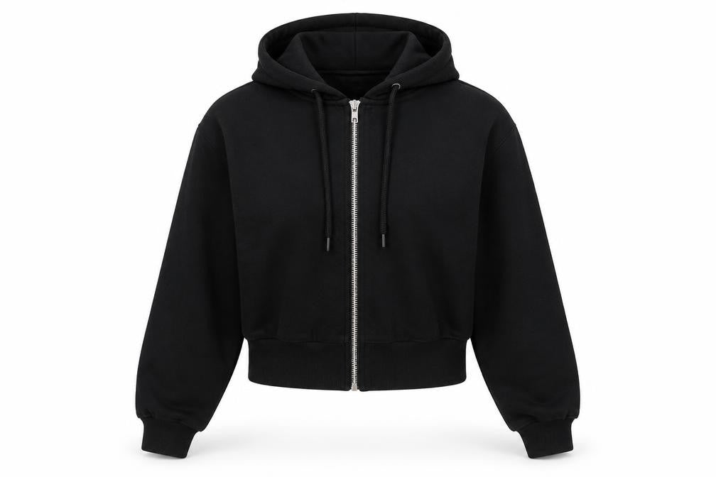 Front view of boohoo Women's Black Full Zip Hoodie, size 10