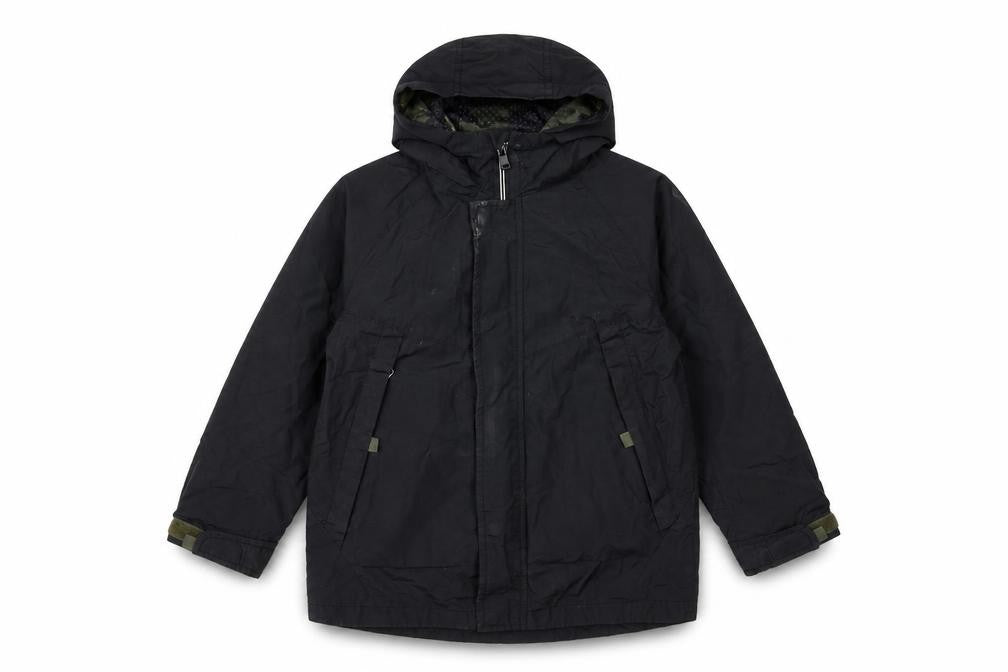 Front view of Zara boys’ black parka jacket with hood, size S