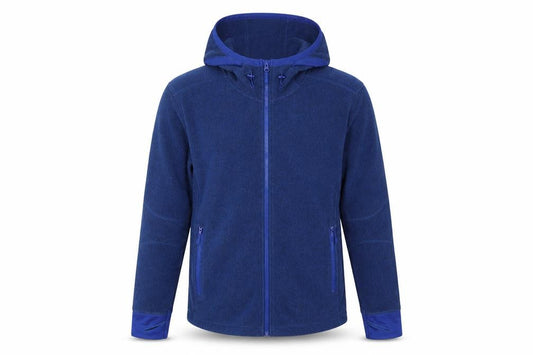 Front view of H&M Men's Blue Hooded Fleece Jacket, size M