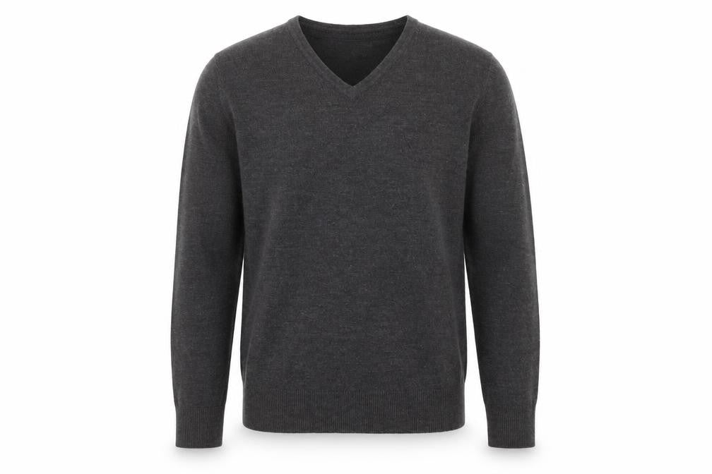 Front view of Burton Men's Grey V-Neck jumper, M