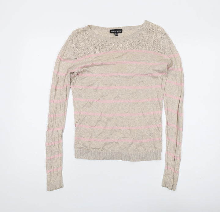 Warehouse Women's Beige Pink Striped Jumper Size 14