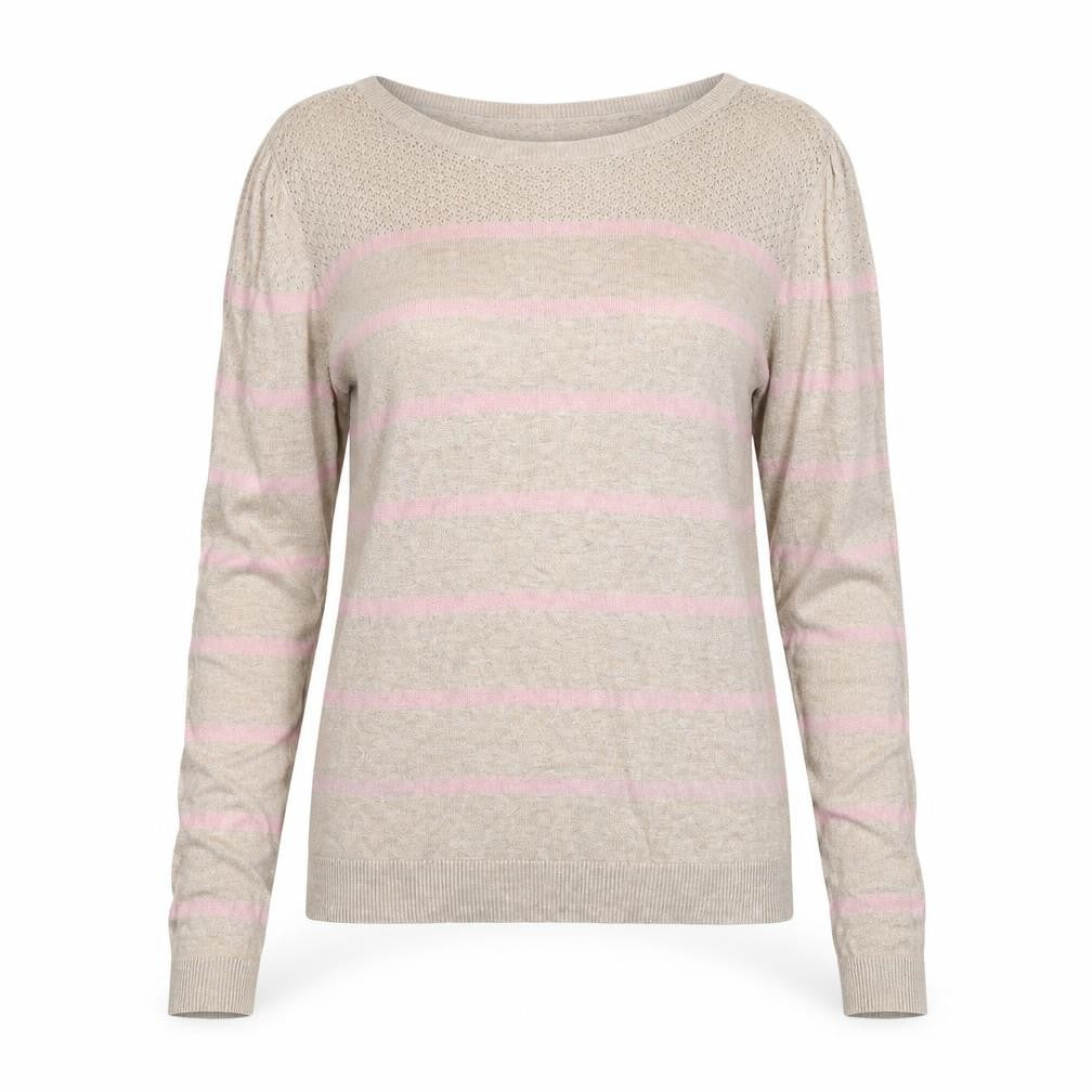 Front view of Warehouse Women's Beige Pink Striped Jumper, size 14
