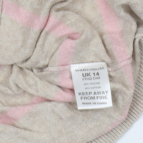 Warehouse Women's Beige Pink Striped Jumper Size 14
