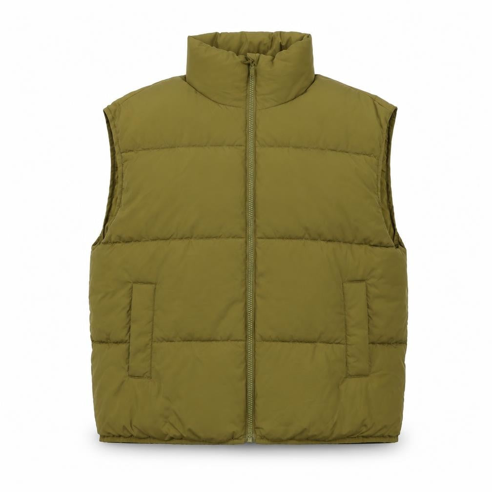Front view of H&M unisex green puffer jacket, size M, full zip