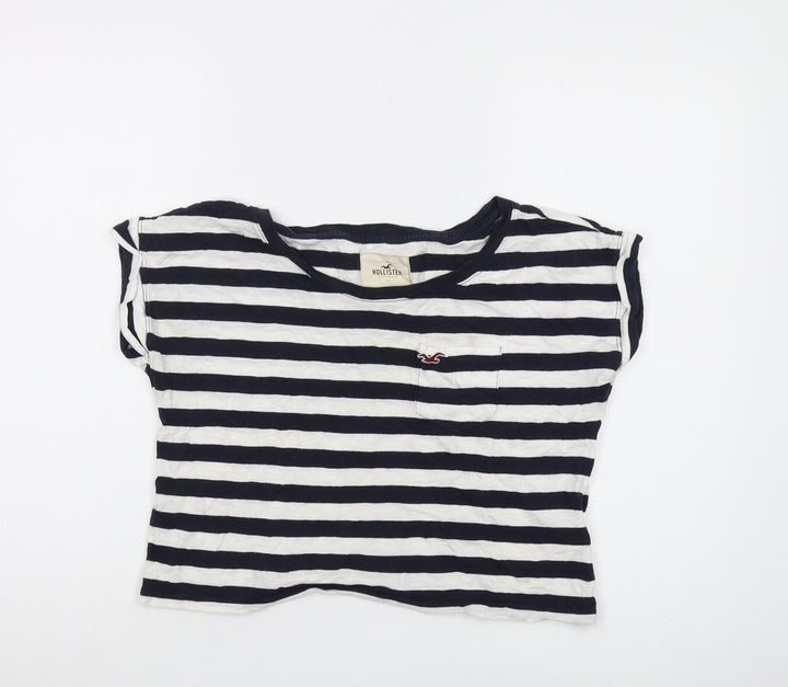 Hollister Women's Blue Striped Cropped T-Shirt, Size S