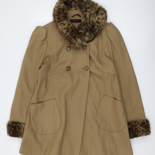 Miss Selfridge Women's Beige Fur Trim Overcoat Size 14