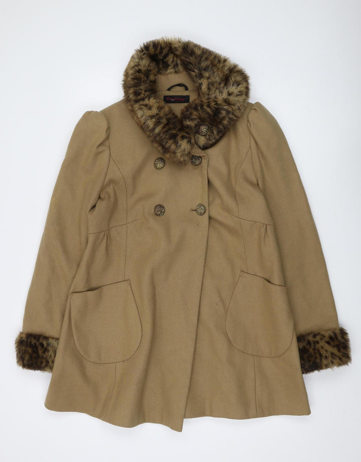 Miss Selfridge Women's Beige Fur Trim Overcoat Size 14