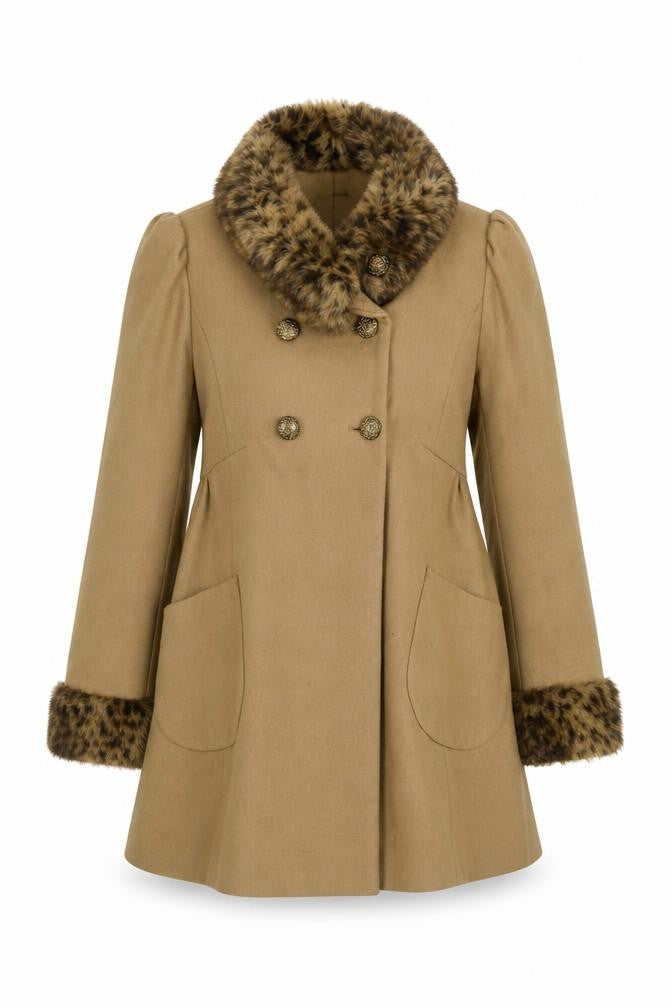 Front view of Miss Selfridge Women's Beige Fur Trim Overcoat, size 14