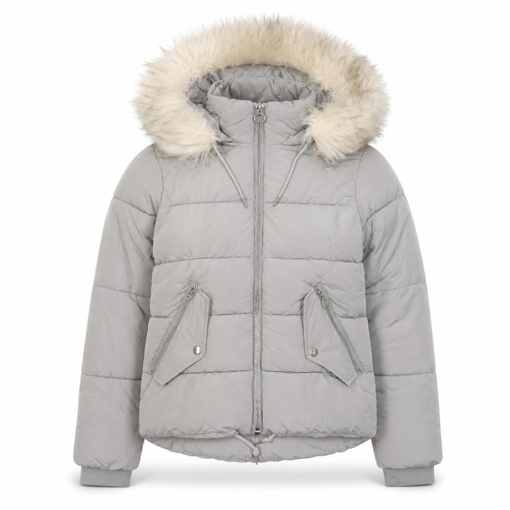 Front view of Topshop Women's Grey Puffer Jacket, size 4, Winter