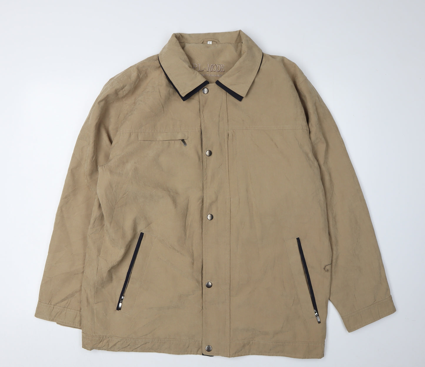 PL-MODE Men's Beige Satin Jacket, L, Collared & Zipped Pockets