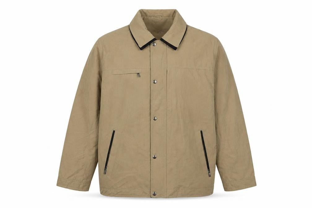 Front view of PL-MODE Men's Beige Satin Jacket, L, Collared & Zipped Pockets