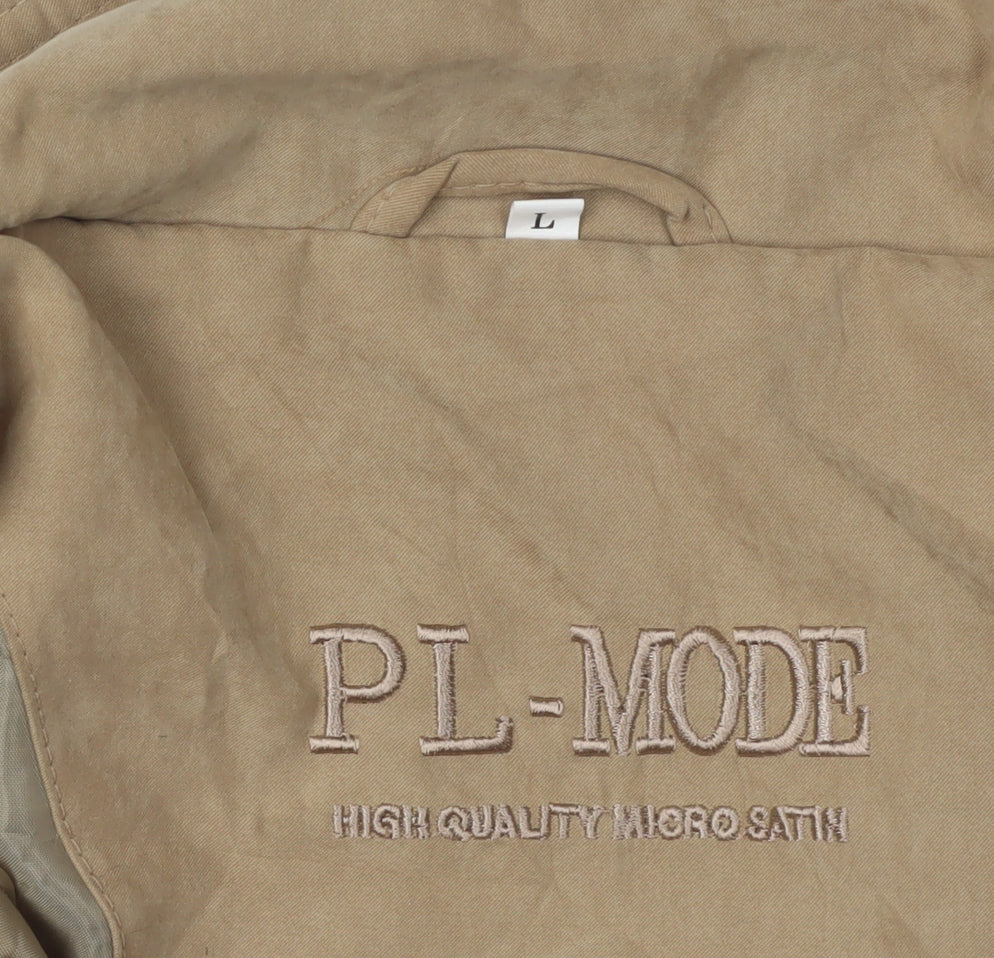 PL-MODE Men's Beige Satin Jacket, L, Collared & Zipped Pockets