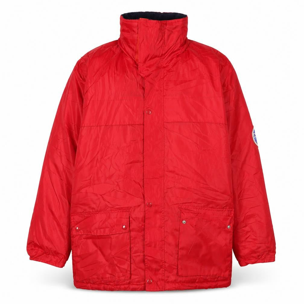 Front view of Discovery World Cruise Men's Red Nylon Long Jacket, size M