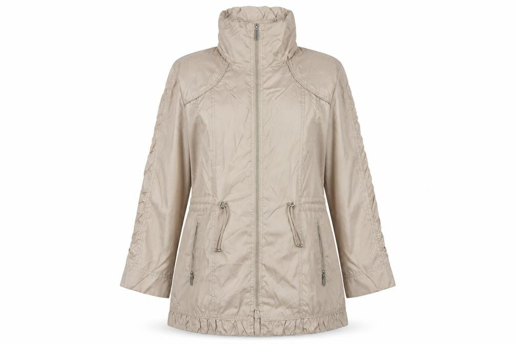 Front view of Tagg Women's Beige Long Jacket with Full Zip, size 1