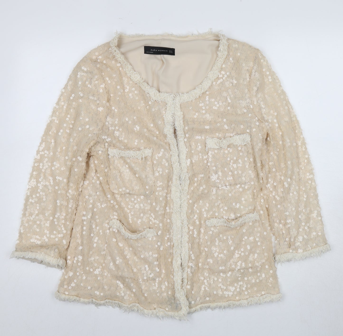Zara Women Beige Sequin Jacket, Size 18, Party Style