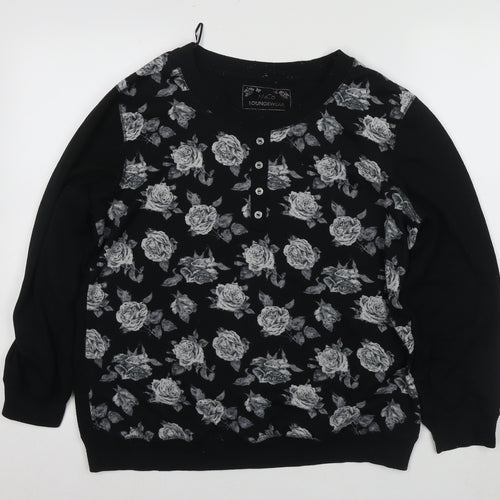 M&Co Women's Black Floral Henley Jumper Size 14