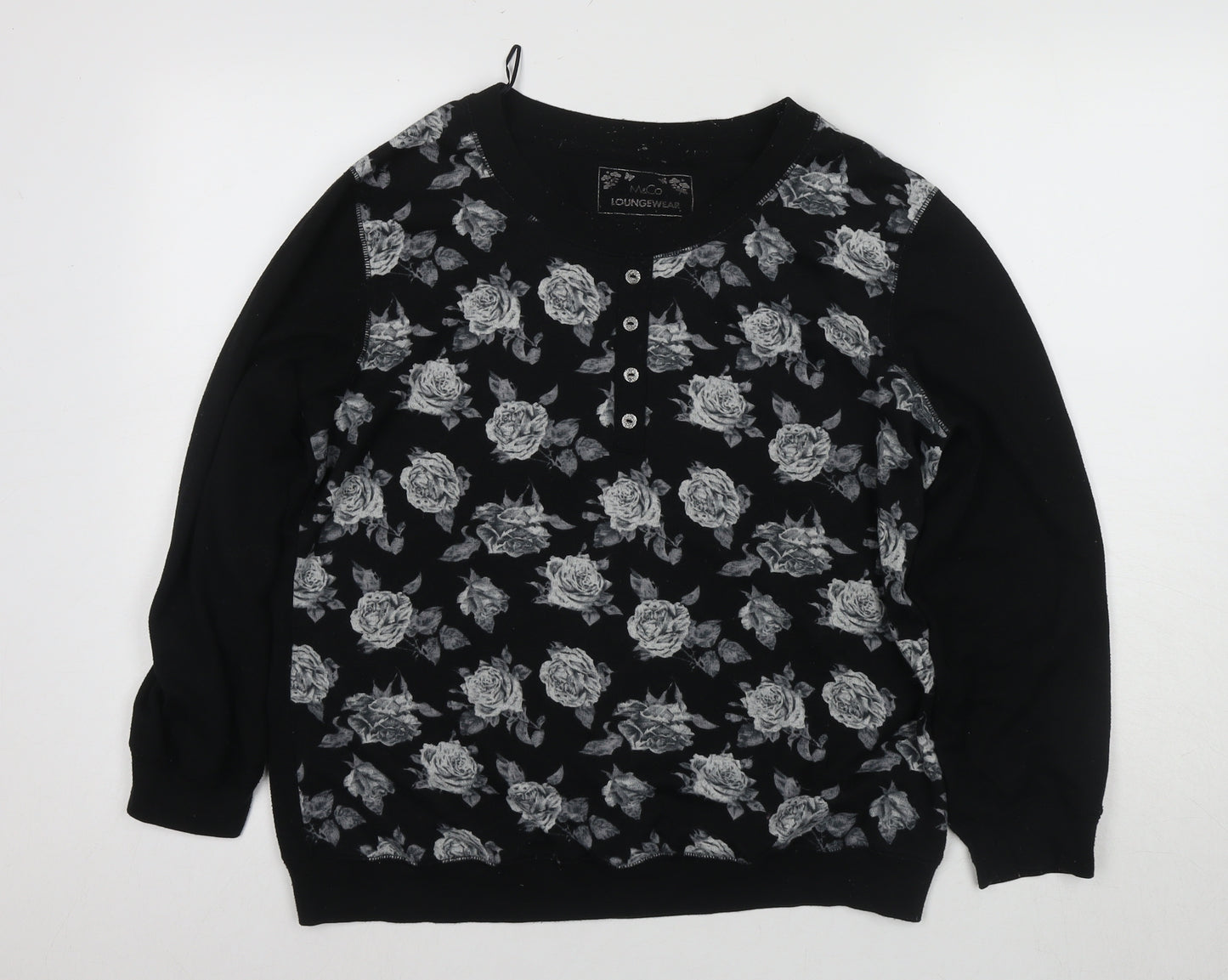 M&Co Women's Black Floral Henley Jumper Size 14