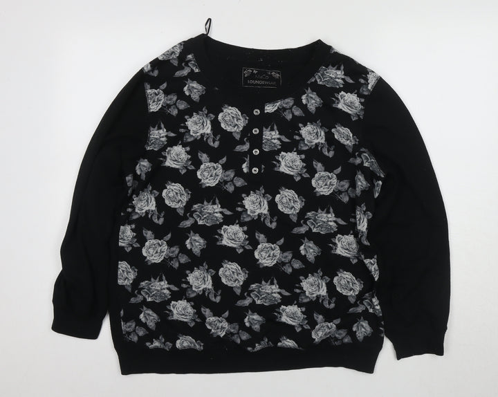 M&Co Women's Black Floral Henley Jumper Size 14