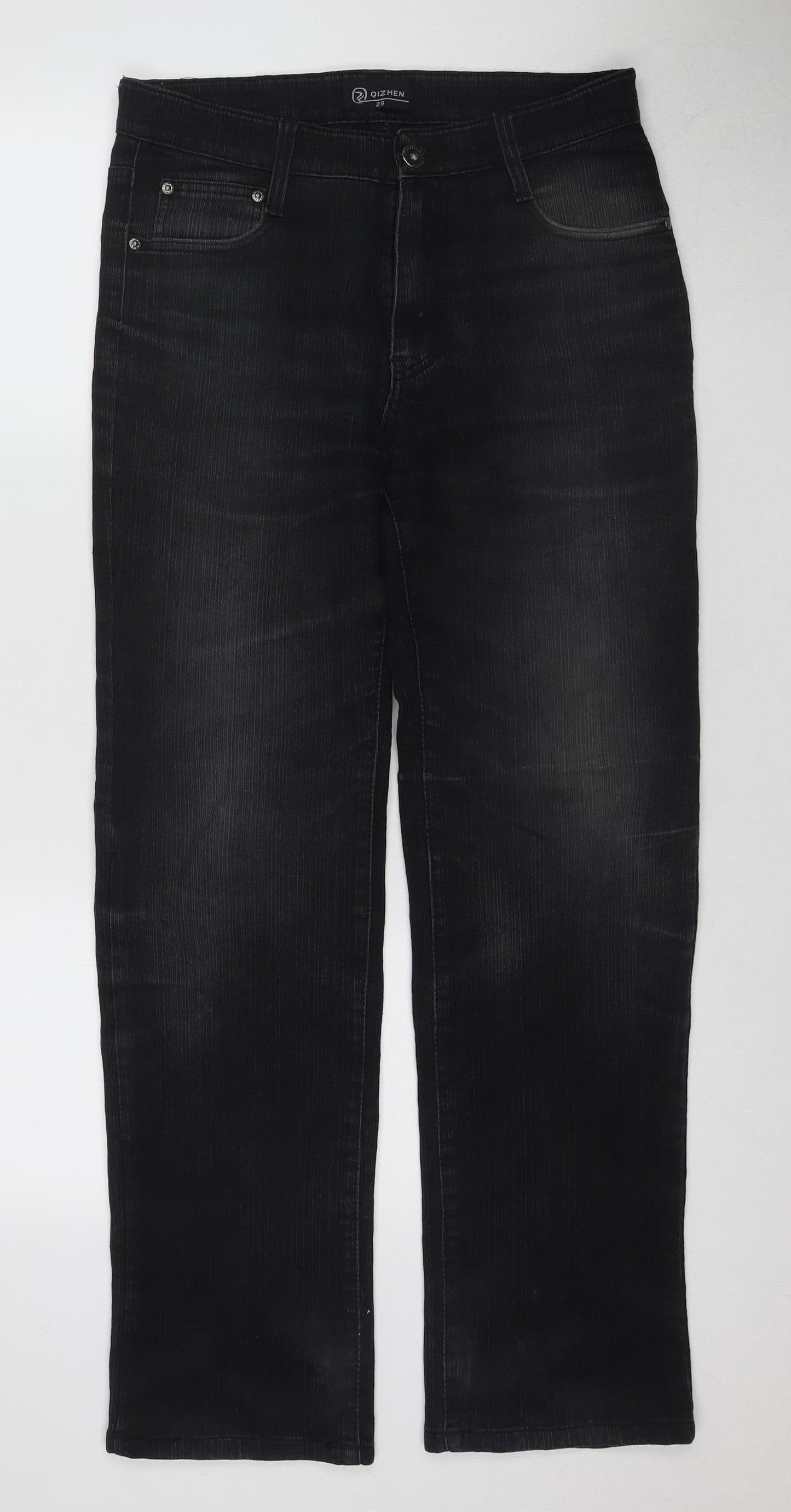Qizhen Women's Black Jeans Size 29 with Button Accents
