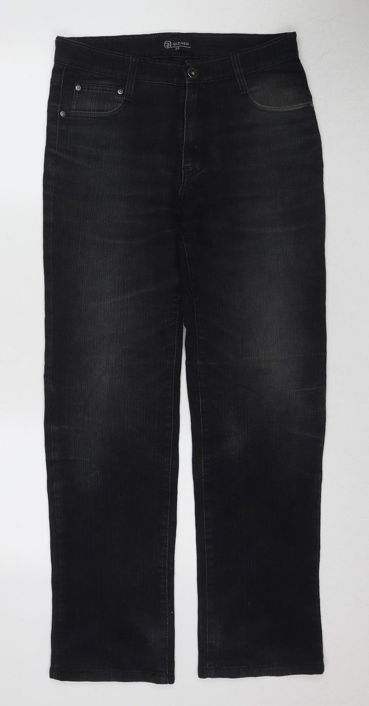 Qizhen Women's Black Jeans Size 29 with Button Accents