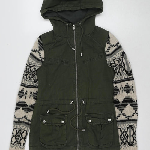 Miss Selfridge Women's Green Fair Isle Hooded Jacket Size 8