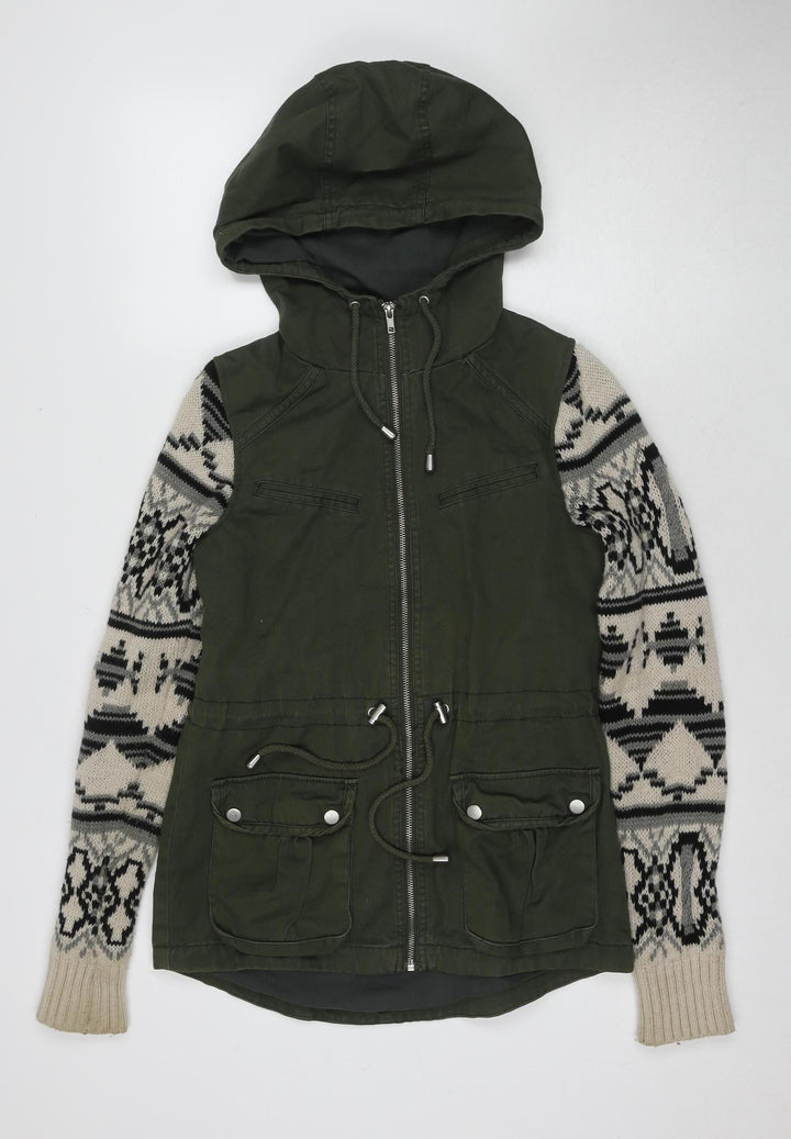 Miss Selfridge Women's Green Fair Isle Hooded Jacket Size 8