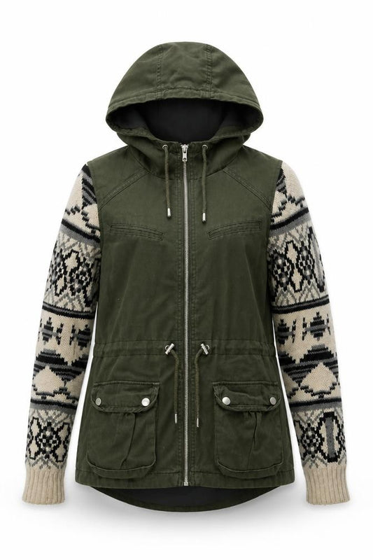 Front view of Miss Selfridge Women's Green Fair Isle Hooded Jacket, size 8