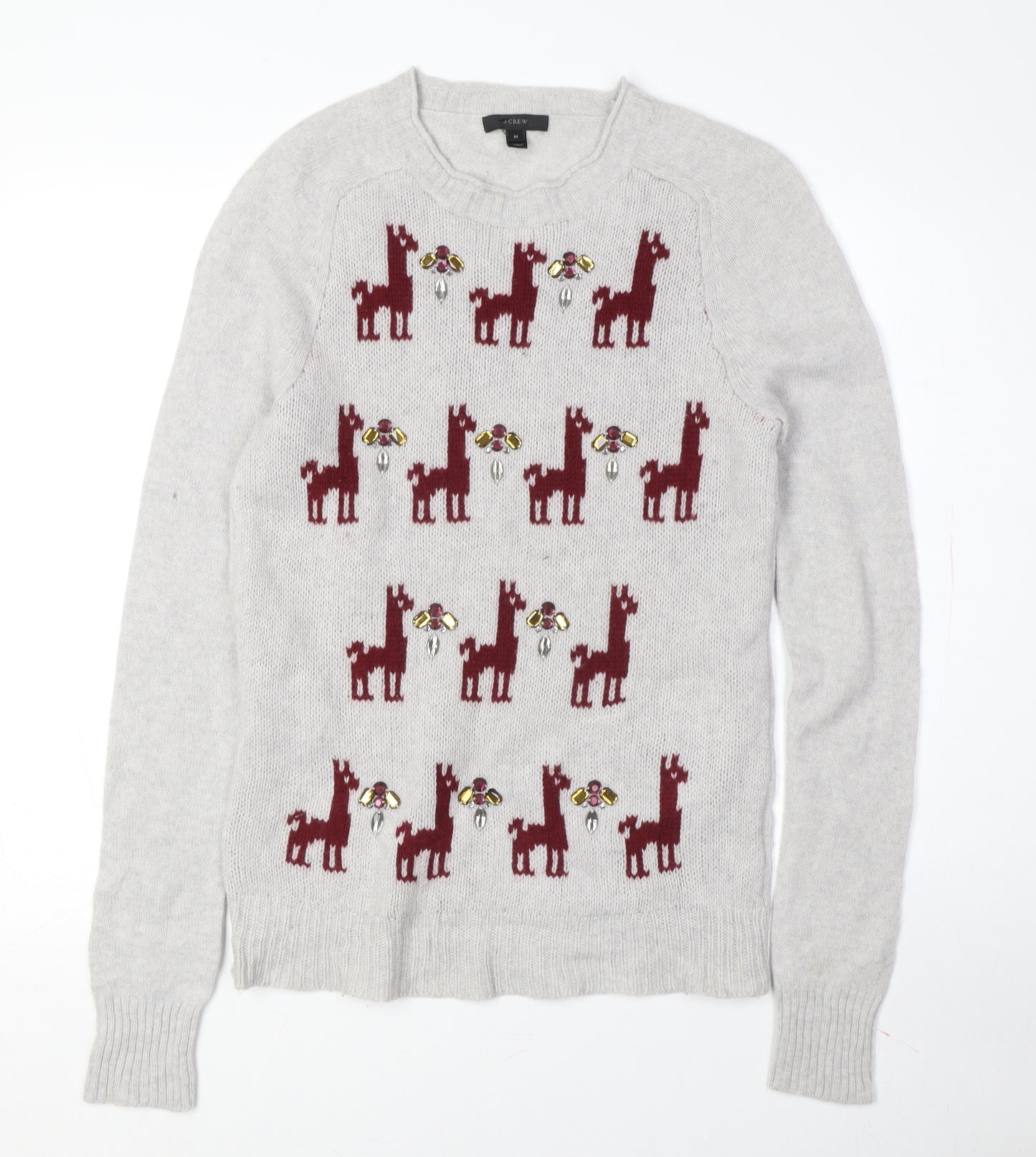 J.Crew Women's Grey Wool Pullover Jumper, M, Animal Print