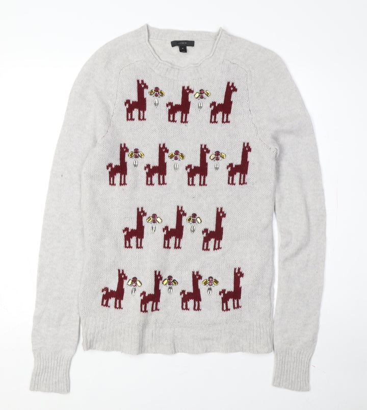 J.Crew Women's Grey Wool Pullover Jumper, M, Animal Print