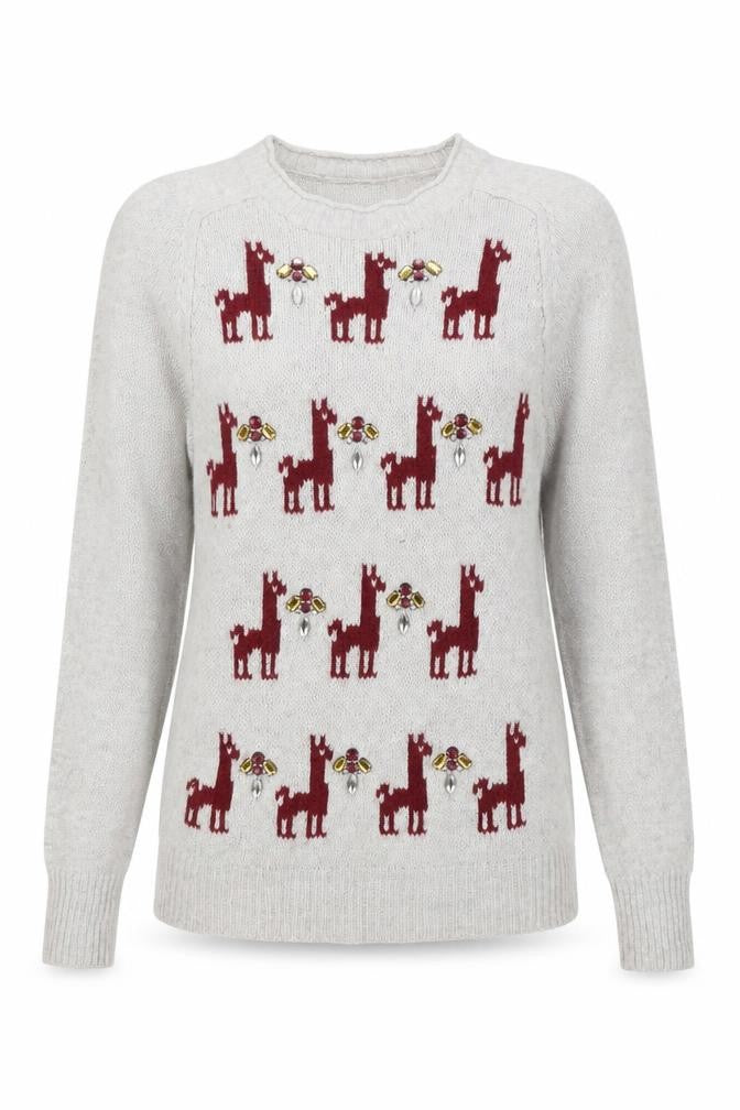 Front view of J.Crew Women's Grey Wool jumper, M, Animal Print