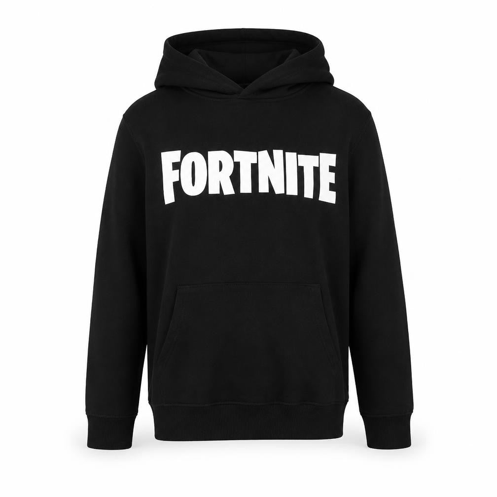 Front view of Fortnite boys’ black xs hoodie pullover with logo